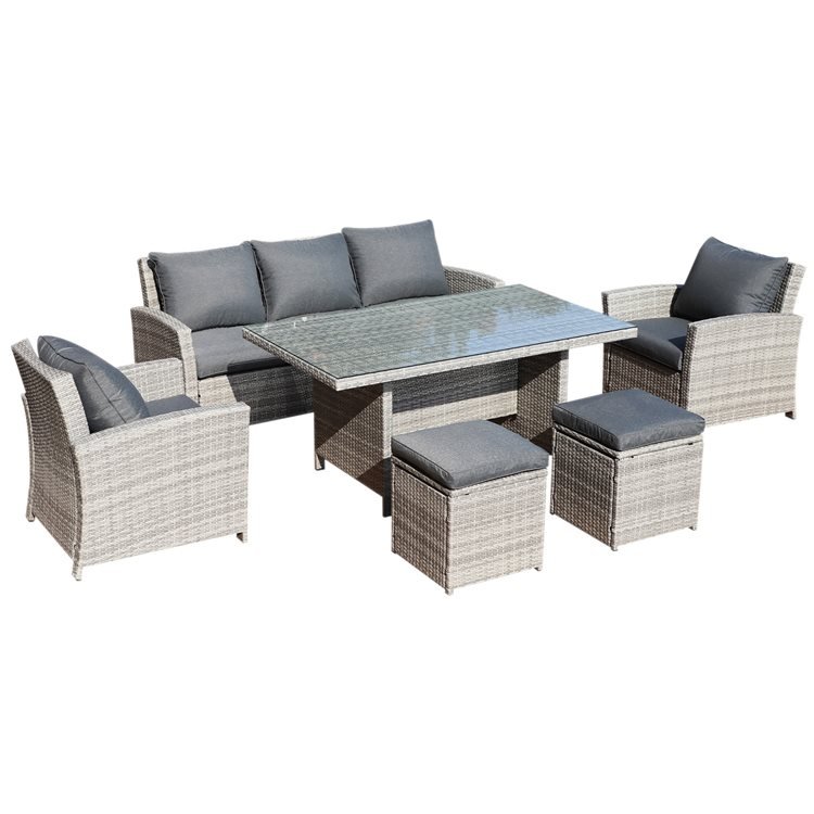 Minerva 7 Seater Sofa and Chairs set with glass table with white background.